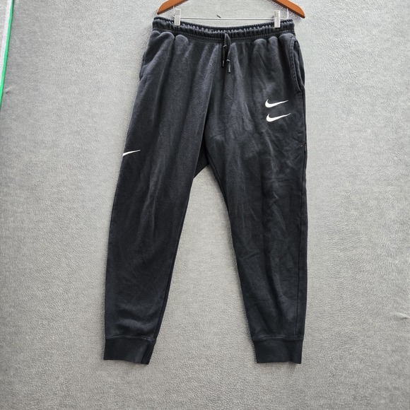 Nike Men Activewear Pants L Black Embroidered Double Swoosh Logo Joggers